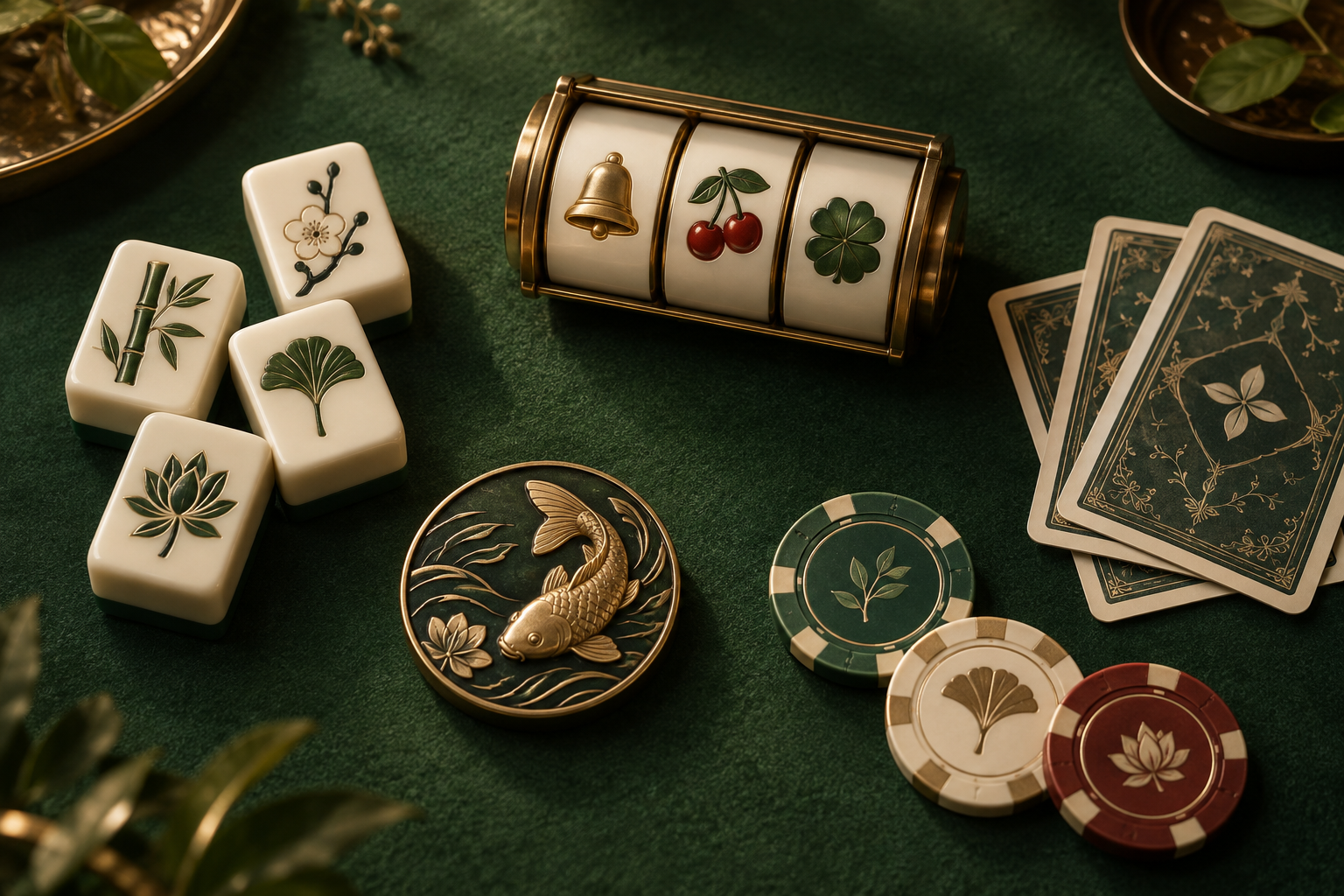 Ilustrasi gulungan slot, ubin mahjong, kartu dan keping di meja kasino